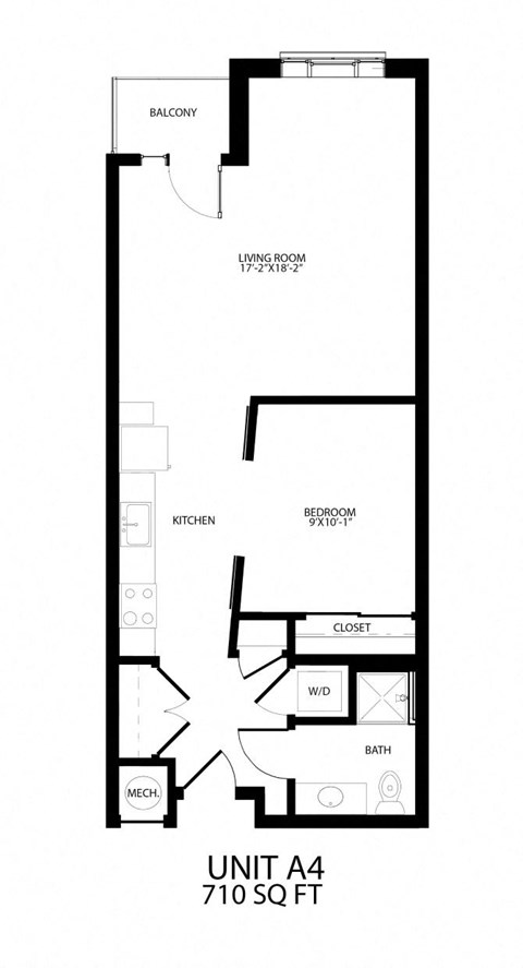Floor plan for 1 bed, 1 bath, 710 sqft
